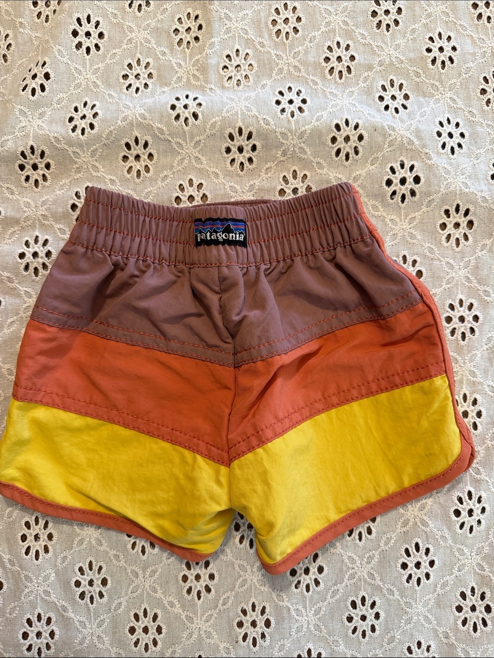 Patagonia Colorblock swim shorts in Rust, Yellow & Taupe boys 3-6 months